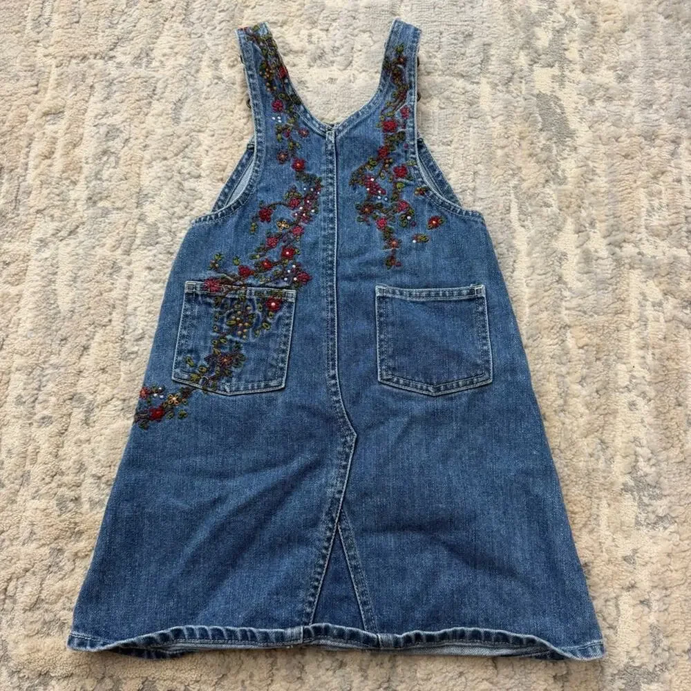 Vintage OshKosh B’gosh Girls Denim Jumper Overall Dress Embroidered Flowers 4T